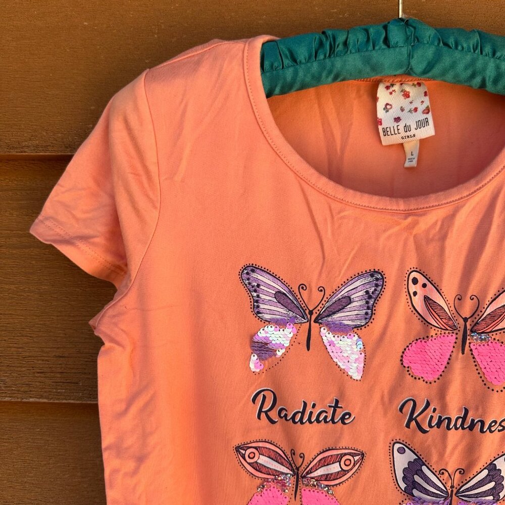 Belle Du Jour Girls Peach Tee Radiate Kindness Butterfly Design Sequin Accents S - Picture 6 of 13